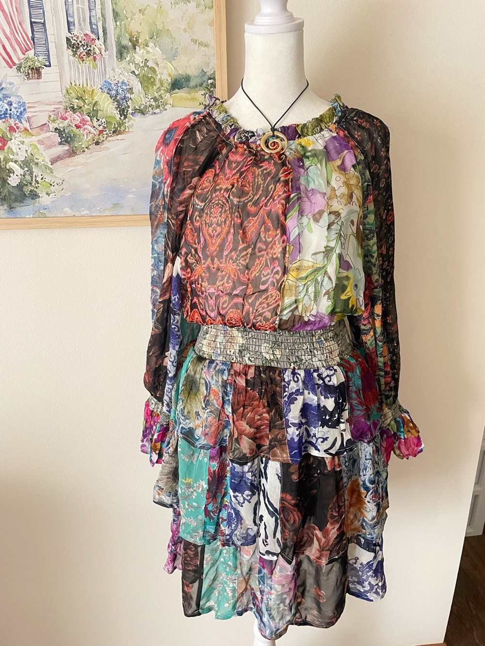 Young Threads Boho Smocked Floral Patchwork Flowy Mini Dress Size Medium